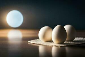 three eggs on a table with a light behind them. AI-Generated photo