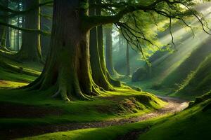 photo wallpaper forest, the sun, trees, path, sunlight, the sun, trees, path. AI-Generated