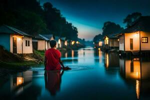 a monk sitting on the edge of a river at night. AI-Generated photo