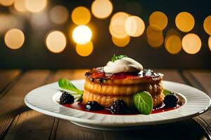a dessert on a plate with berries and cream. AI-Generated photo