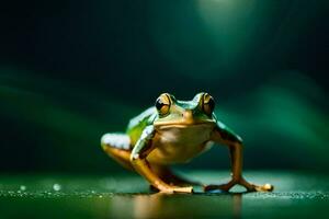 a frog is standing on a green surface. AI-Generated photo