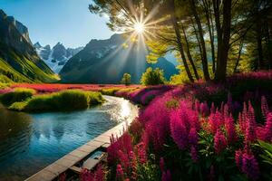 el Dom brilla terminado un río y flores en el montañas. generado por ai foto