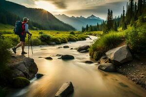 a man with backpack and trek poles standing in a stream. AI-Generated photo