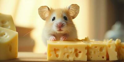 Cute mouse standing by eating delicious cheese AI Generative photo