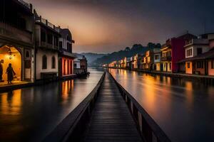 a long wooden bridge leads to a river in the middle of a town. AI-Generated photo