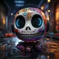 Pixar of a cute skeleton skull image with a robotic texture, AI Generative photo