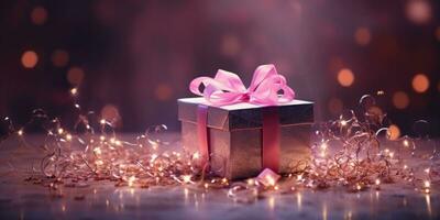 Magic light shines from open pink gift box, AI Generative photo