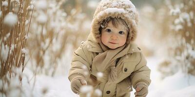 un gordito bebé niña caminando en el nieve, ai generativo foto