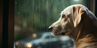 solitario blanco Labrador perdiguero murga tristemente a hogar mirando mediante lluvia empapado ventana, ai generativo foto