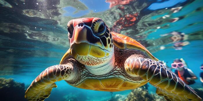 beautiful sea turtle around very beautiful coral reef AI Generative photo