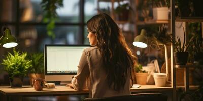 Back view portrait of a young businesswoman using laptop at his workplace Generative AI photo