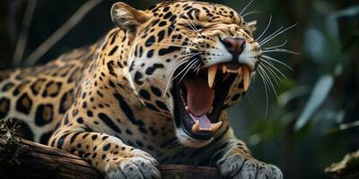 Magnificent Jaguar resting on a tree trunk with open mouth AI Generative photo