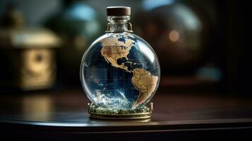 a unique miniature earth in a bottle, AI Generative photo