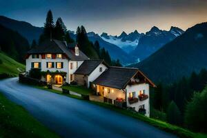 a house in the mountains at dusk. AI-Generated photo