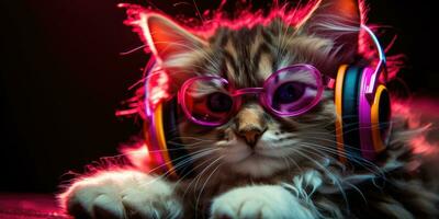 Cool cat in headphones and sunglasses, AI Generative photo