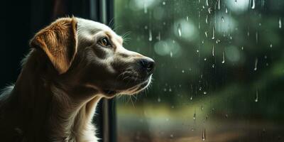 solitario blanco Labrador perdiguero murga tristemente a hogar mirando mediante lluvia empapado ventana, ai generativo foto