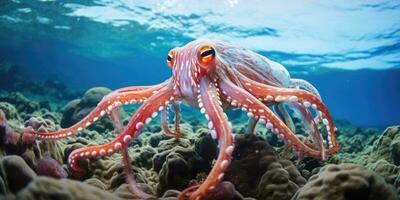 a beautiful giant squid around very beautiful coral reef AI Generative photo