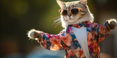 a cool cat dancing wearing colorful clothes and sunglasses, AI Generative photo