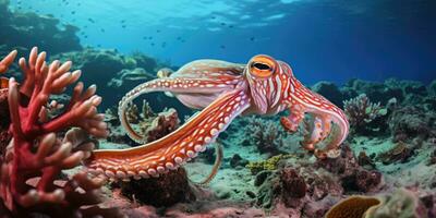 un hermosa gigante calamar alrededor muy hermosa coral arrecife ai generativo foto