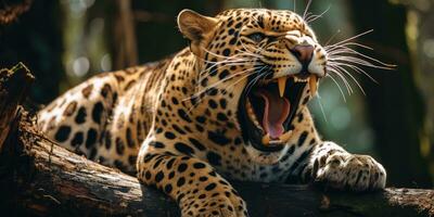 Magnificent Jaguar resting on a tree trunk with open mouth AI Generative photo