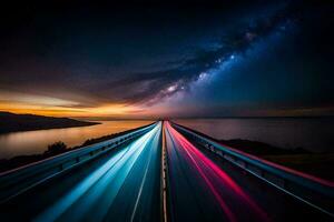 a long exposure photo of a highway with the milky way in the background. AI-Generated