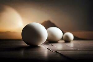 three eggs on a table with a mountain in the background. AI-Generated photo