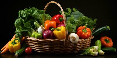 un imagen de arreglo de Fresco vegetales en un cesta, ai generativo foto