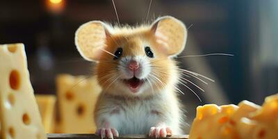 Cute mouse standing by eating delicious cheese AI Generative photo