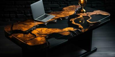 Luxury desk with epoxy resin and varnish Round tree slab with black epoxy river Wooden background hi, AI Generative photo