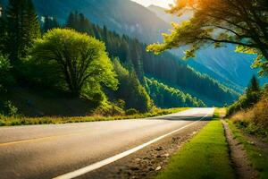 a scenic road in the mountains with trees and grass. AI-Generated photo