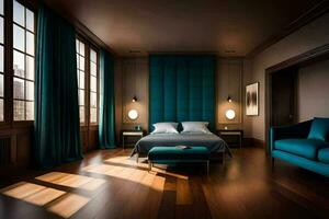 a bedroom with a blue upholstered headboard and wooden floors. AI-Generated photo