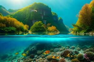 a beautiful underwater scene with coral reefs and mountains. AI-Generated photo