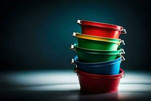 a stack of colorful buckets on a dark background. AI-Generated photo