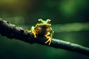 a frog sitting on a branch in the forest. AI-Generated photo