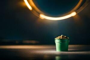 a green bucket with peanuts on the table. AI-Generated photo