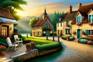 a painting of a village street with flowers and a house. AI-Generated photo
