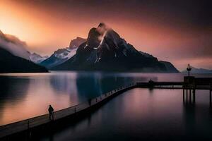 a man stands on a dock looking at a mountain range. AI-Generated photo