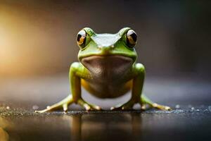 a frog is sitting on the ground with its eyes open. AI-Generated photo