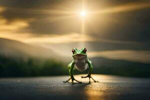 a frog is standing on the road with the sun in the background. AI-Generated photo