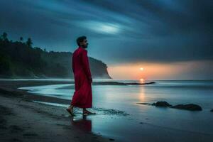 a man in a red robe walks along the beach at sunset. AI-Generated photo