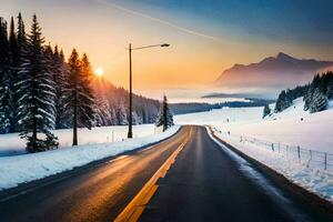 a road in the winter with snow covered trees. AI-Generated photo