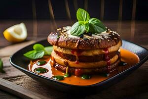 a stack of pancakes with sauce and garnish. AI-Generated photo