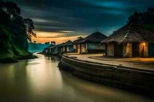 the river is flowing in front of a small hut. AI-Generated photo