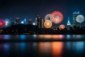 fireworks over the city skyline at night. AI-Generated photo