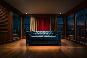 un azul sofá en un habitación con un ver de el ciudad. generado por ai foto