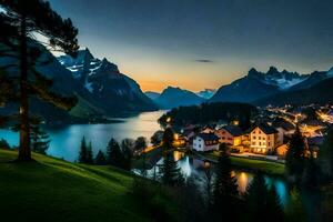 foto fondo de pantalla el cielo, montañas, lago, ciudad, montañas, lago, ciudad, montañas,. generado por ai