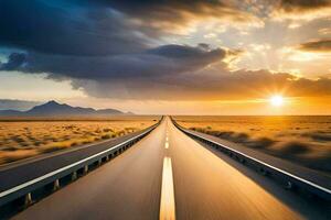 a long road in the desert with the sun setting. AI-Generated photo