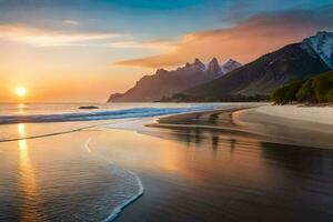the sun sets on the beach and mountains in the background. AI-Generated photo