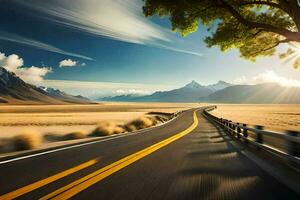 a road in the middle of a desert with mountains in the background. AI-Generated photo