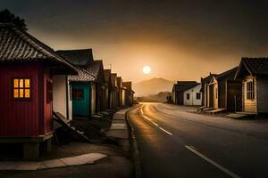 un calle con casas y un puesta de sol en el antecedentes. generado por ai foto